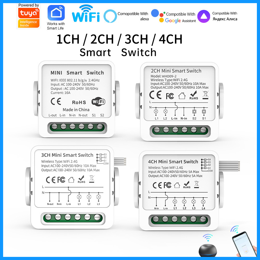 Smart Home Button - Tuya WiFi Smart-Schalter 1/2/3/4-fach 4-Wege Mini