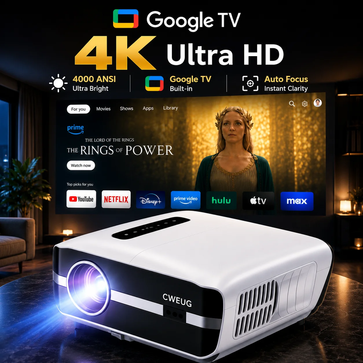 Smart Home Retrofit - NewA9S 4k Projektor Autofokus Tageslichtprojektor 2.4+5G